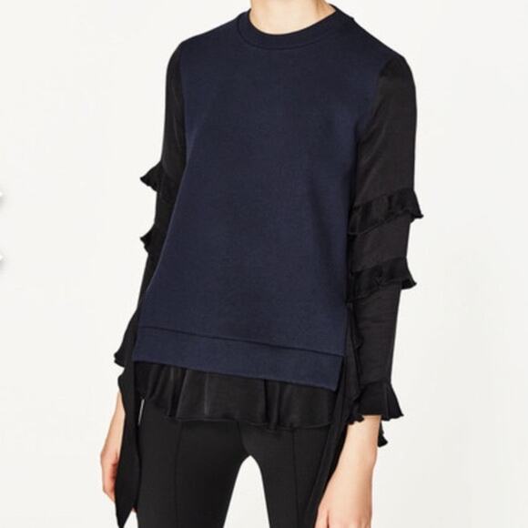 Zara Navy Blue Crew Neck Tiered Color Block Ruffle Long Sleeve Top Sweatshirt M - Picture 2 of 7